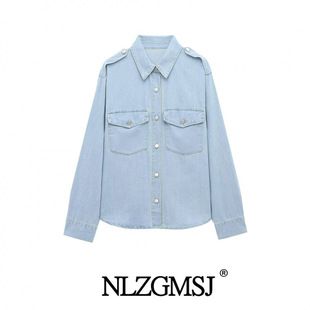 2025 spring new women's European and American style fashion simple trip belt decoration Denim shirt 8197060