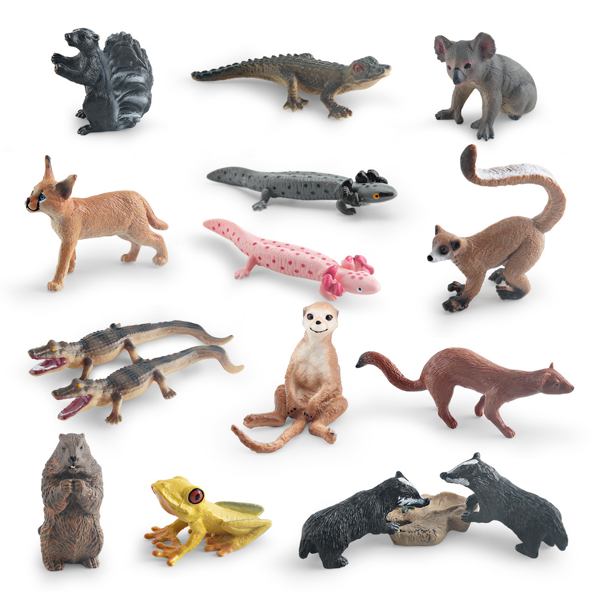 Simulación transfronteriza bosque animal de cola larga mono rana de árbol cocodrilo Koala Weasel mofeta tejón salamandra modelo adornos