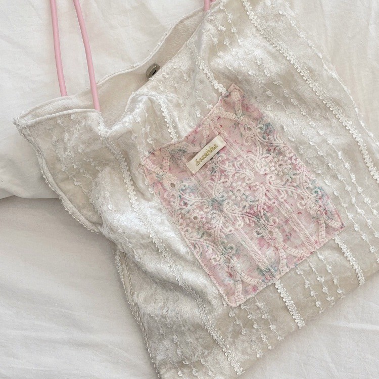 49184 New Pearlescent Niche Design Canvas Bag Large Capacity General Bag Girl's Lace Portable Shoulder Bag 49184 New Pearlescent Niche Design Canvas Bag Large Capacity General Bag Girl's Lace Portable Shoulder Bag