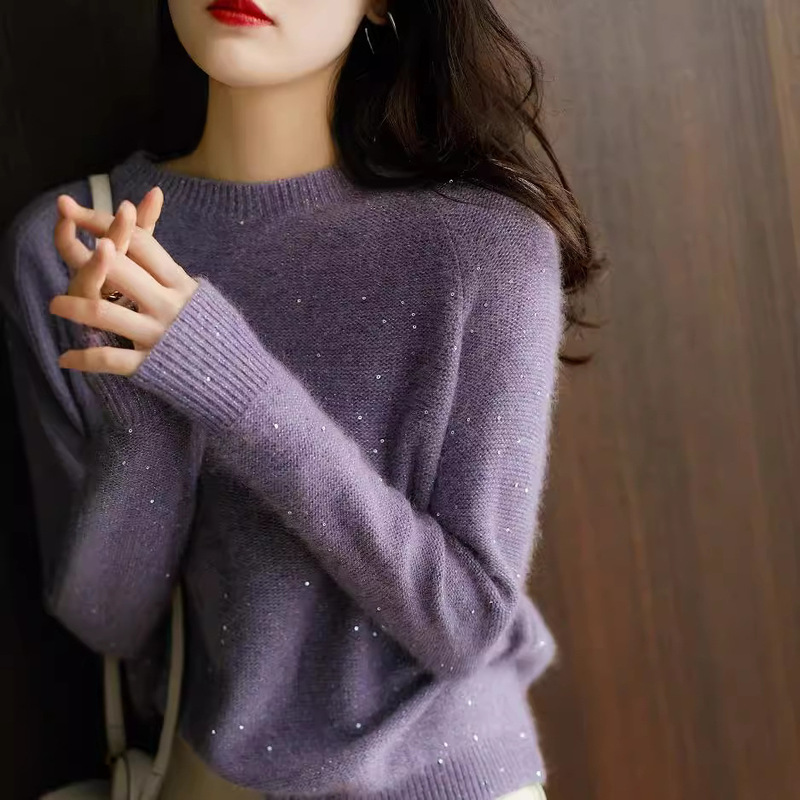 The stars twinkle! Lavender purple beads soft waxy light warm gentle lazy wind round neck knitted sweater foreign trade European goods