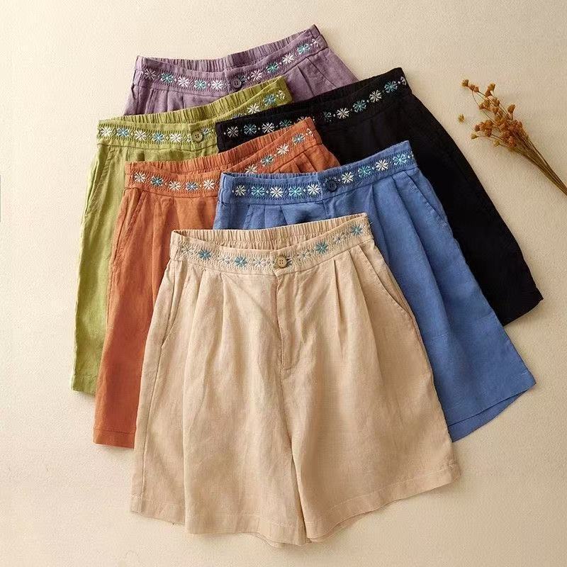 2026 Cotton Short Trousers with Artistic Chinese Style, High-Waisted Embroidered Shorts for Women, Loose and Versatile Straight-Leg Five-Point Length 2026 Cotton Short Trousers with Artistic Chinese Style, High-Waisted Embroidered Shorts for Women, Loose and Versatile Straight-Leg Five-Point Length