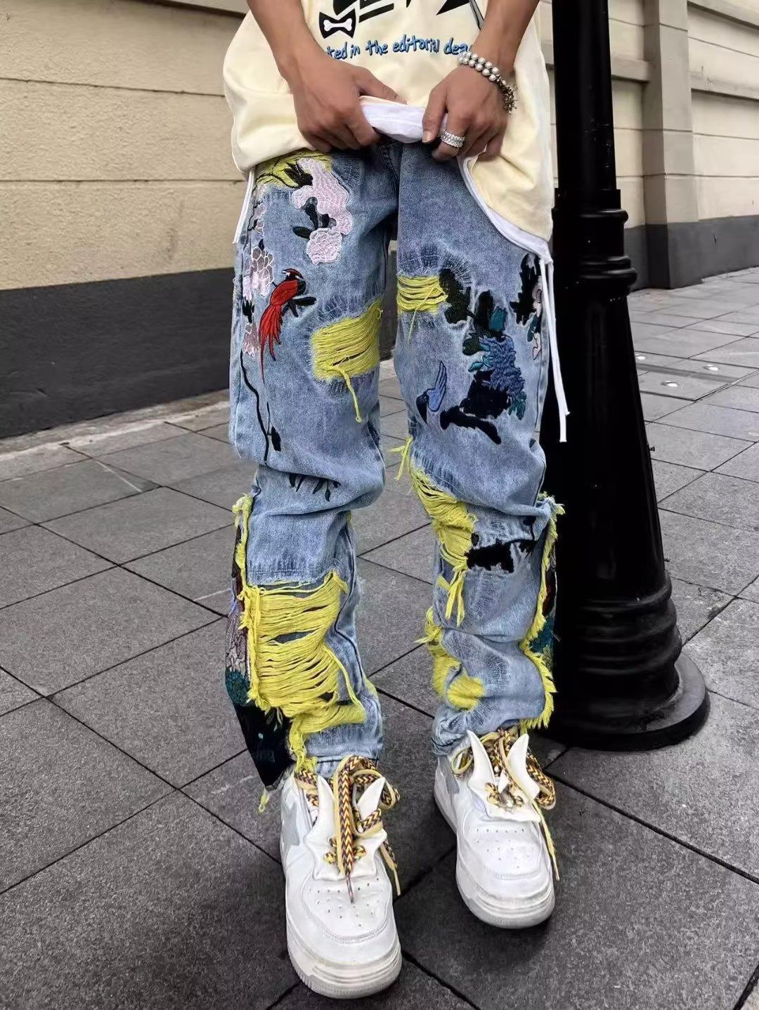 Heavy Embroidered Ripped Jeans American Hong Kong Style Street Fashion for Men And Women mid Waist Straight Pants Blue Long Brushed_voghion.com
