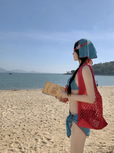 Women's Retro Plaid Bikini Set Two Piece Swimsuit With Headscarf_voghion.com