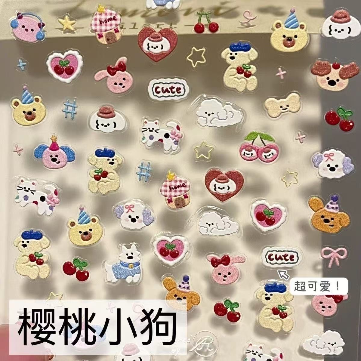Ins Style Dopamine Animal Nail Art Stickers Bow Cherry Cartoon Kidsren Waterproof Decorative DIY Nail Stickers