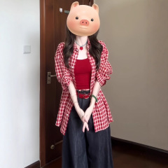 复古美式红色格子防晒长袖衬衫衬衣女2025新款秋季多巴胺绝美上衣