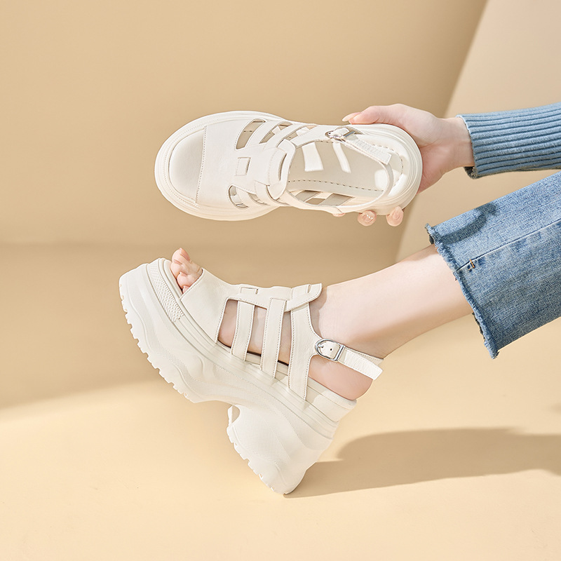 Sandal cao gót nữ da thật mũi hở gót platform 12cm — màu đen, màu trắng ngà