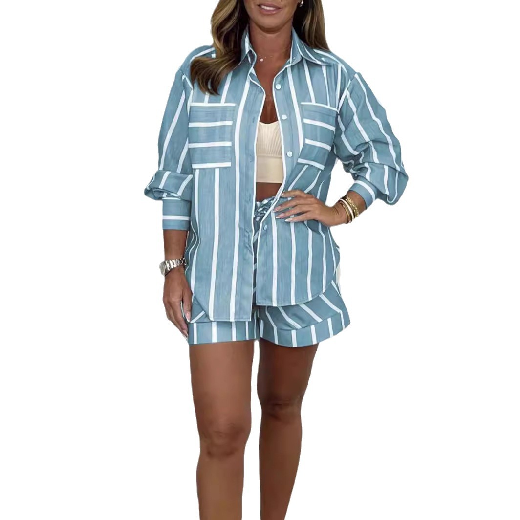Completo da donna composto da camicia a righe e pantaloncini – Elegante completo due pezzi per primavera/estate (bianco/nero/rosa/blu, taglie dalla S alla 5XL)_voghion.com