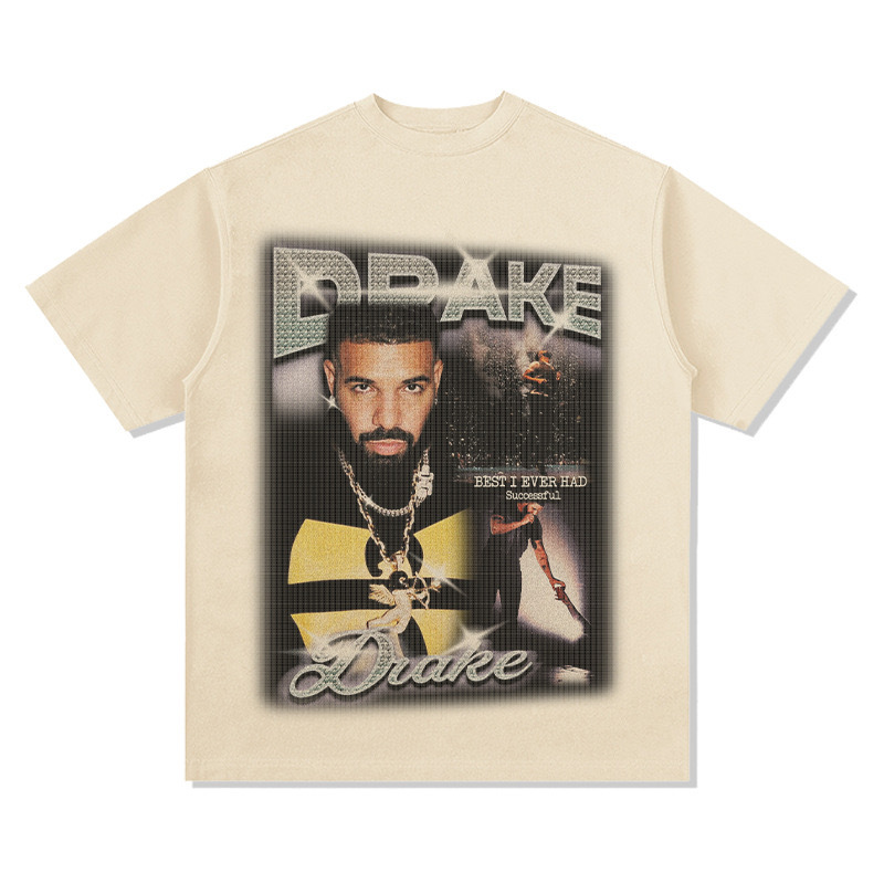 Drake hip hop rap americano street fashion estampado vintage hecho viejo lavado pesado suelto mangas cortas