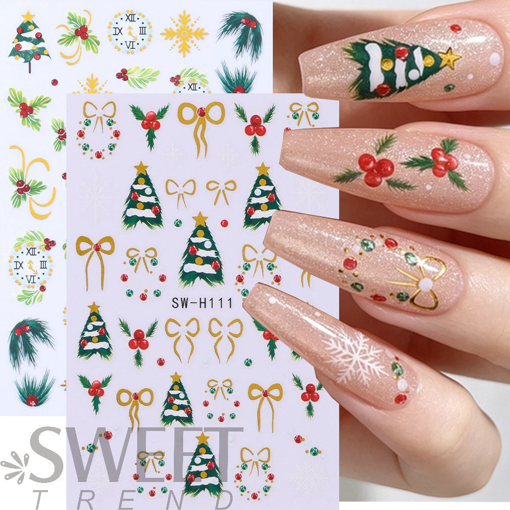 Vintage Christmas nail art stickers: holly, red berries, clock, Christmas tree, and snowflake designs for a festive New Year's nail art decoration