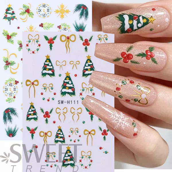 Vintage Christmas nail art stickers: holly, red berries, clock, Christmas tree, and snowflake designs for a festive New Year's nail art decoration