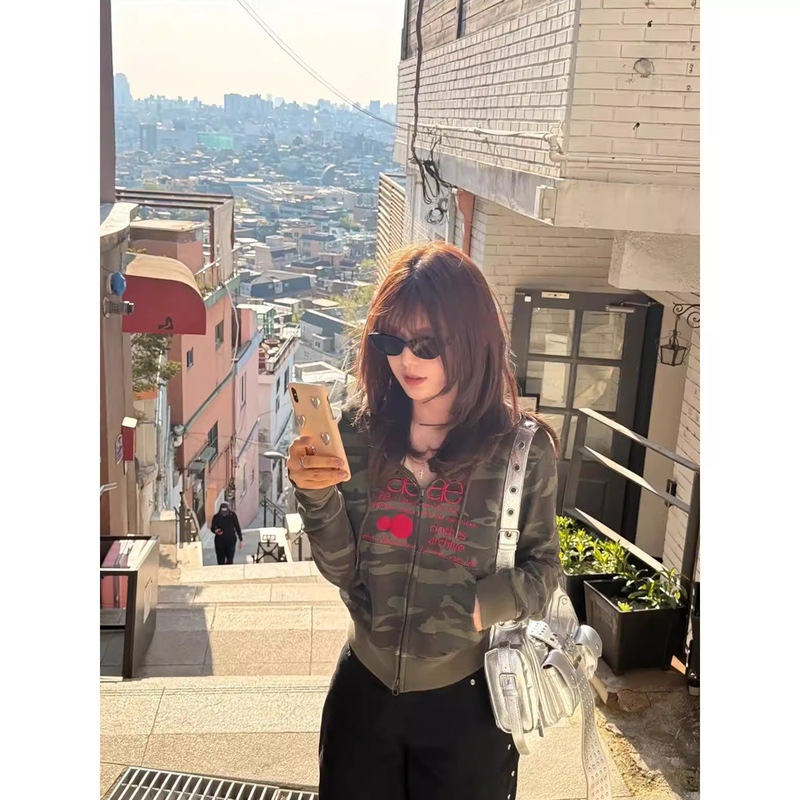 Now 2025 New Autum Korean Designer Ae*E Short Camouflage Hooded Sweatshirt Women's Cardigan Zipper Jacket