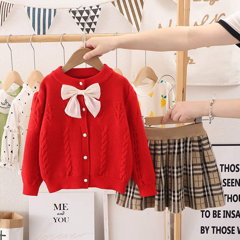 2023 neue kinder frauen Schatz Pullover Mädchen Gestrickte Bogen Rock Zwei Stück Set Modische_voghion.com