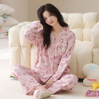 100%纯棉睡衣女士春秋季长袖开衫休闲外穿甜美卡通全棉家居服女款
