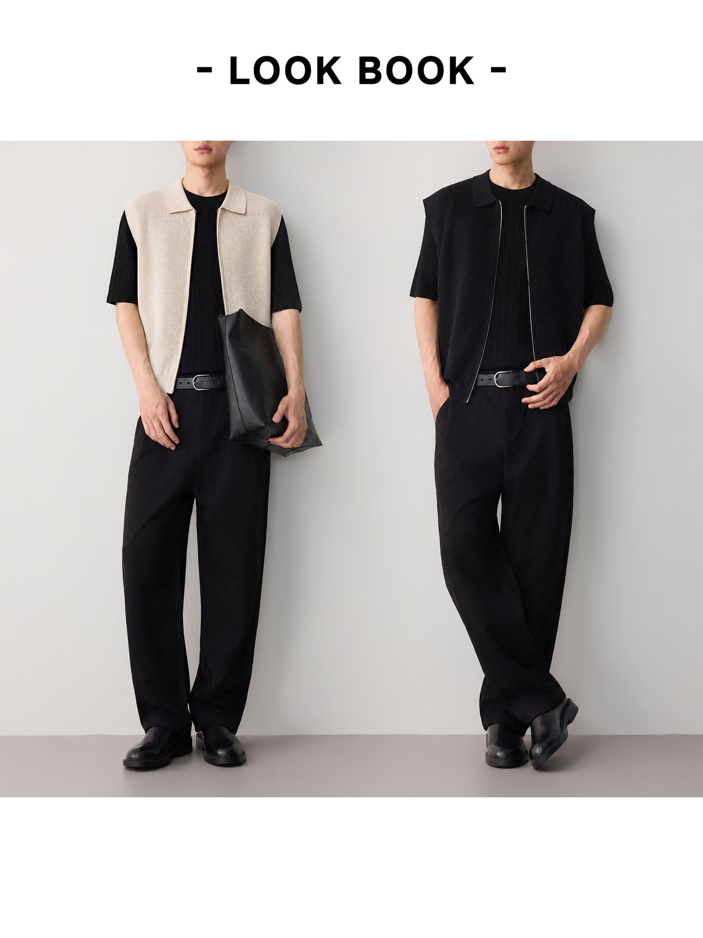 Áo gile len nam pha linen dáng cardigan khóa kéo phong cách công sở — đen