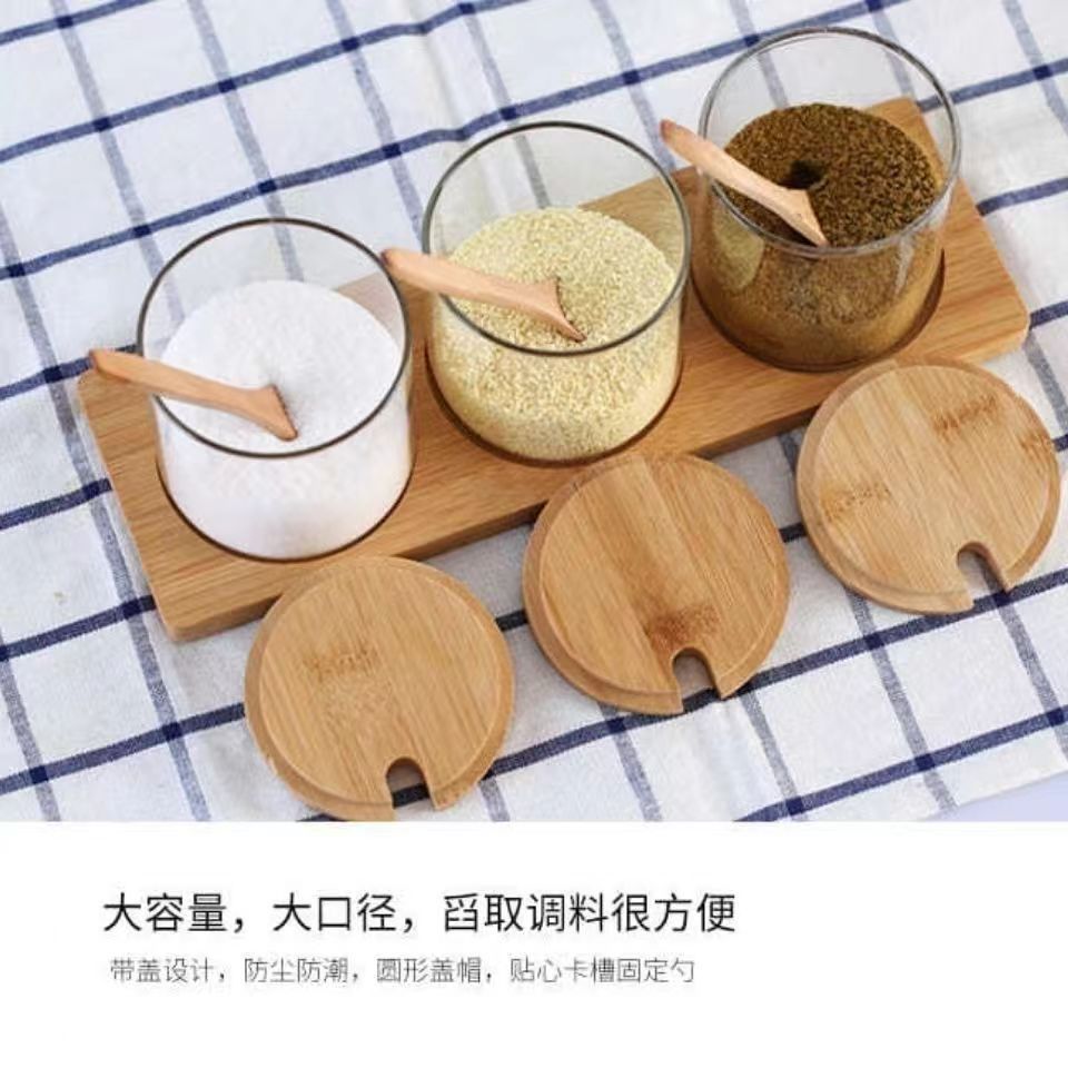 Cocina almacenamiento condimento frasco de vidrio con cubierta de bambú con cucharada de sal, azúcar, MSG almacenamiento condimento frasco de vidrio sellado frasco