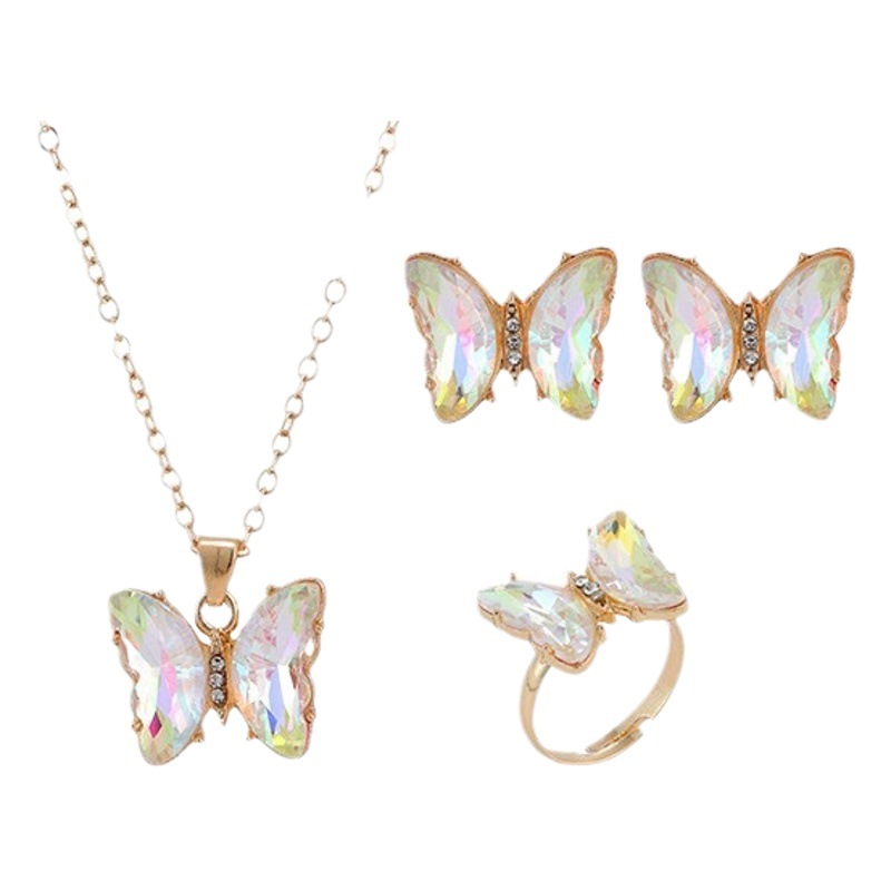 Ventas transfronterizas calientes coloridas 3 piezas de aretes collar anillo de moda europea y americana mariposa elegante collar de diamantes para mujeres