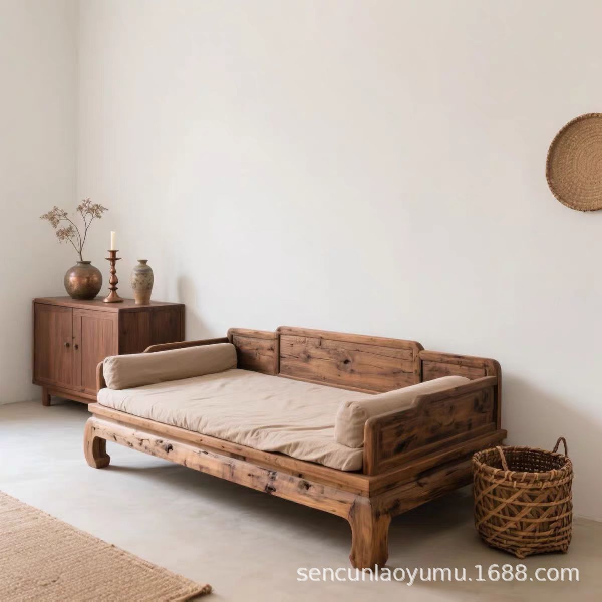 Wabi-Sabi Style Pure Solid Wood Sofa Old Elm Luohan Bed Chaise Lounge Bed B&B Hotel Sofa Chair Retro Leisure Chair