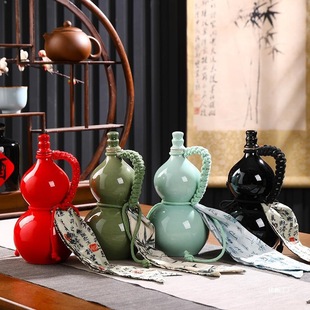 Ceramic Wine Bottle 0.5kg Color Glazed Gourd Wine Jug with Ribbon 500ml Wine Jar 0.5kg Wine Jar