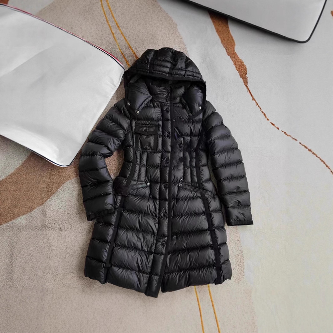 클래식 MM 여성용 스탠드 칼라 탈착식 후드 중간 길이 드로스트링 슬림핏 체크 무늬 웨빙 엣지 다운 재킷 여성용