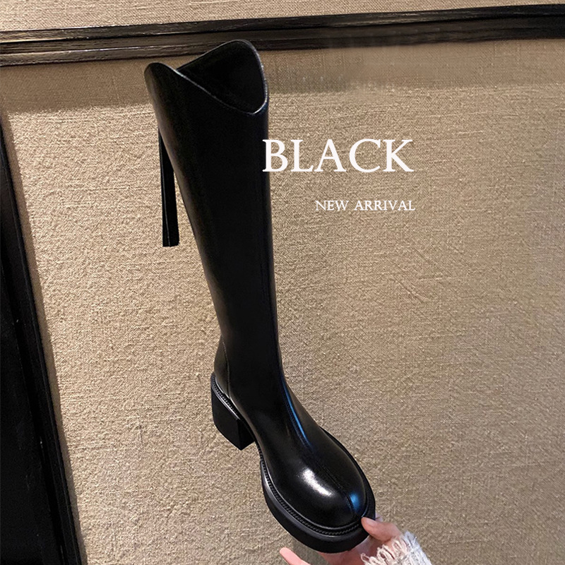 [Ready Stock] Slim V-Mouth Boots with Back Zipper, Thick Heel, Thick Sole, Medium-High Round-Toe Knight Boots for Women in Autumn and Winter
