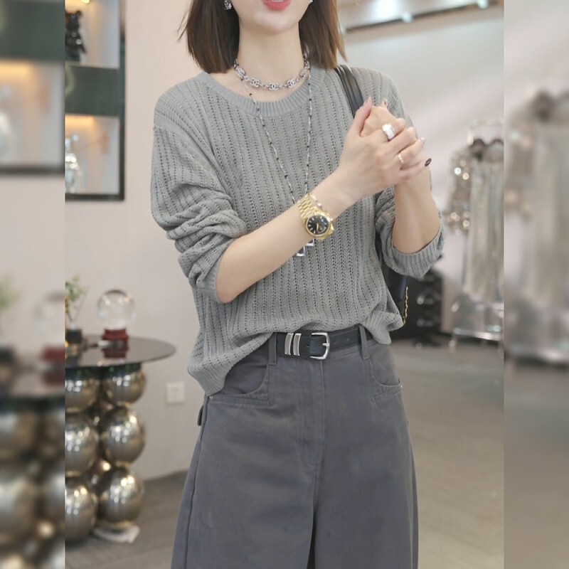 高级感气质灰色圆领针织衫女2025早秋新款大码女装洋气欧货上衣潮|undefined