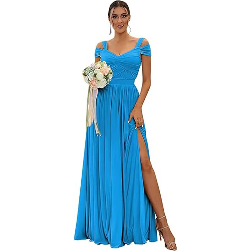 New European and American cross-border foreign trade off-shoulder chiffon wedding bridesmaid dress, long ball gown, party evening dress with an elegant temperament New European and American cross-border foreign trade off-shoulder chiffon wedding bridesmaid dress, long ball gown, party evening dress with an elegant temperament