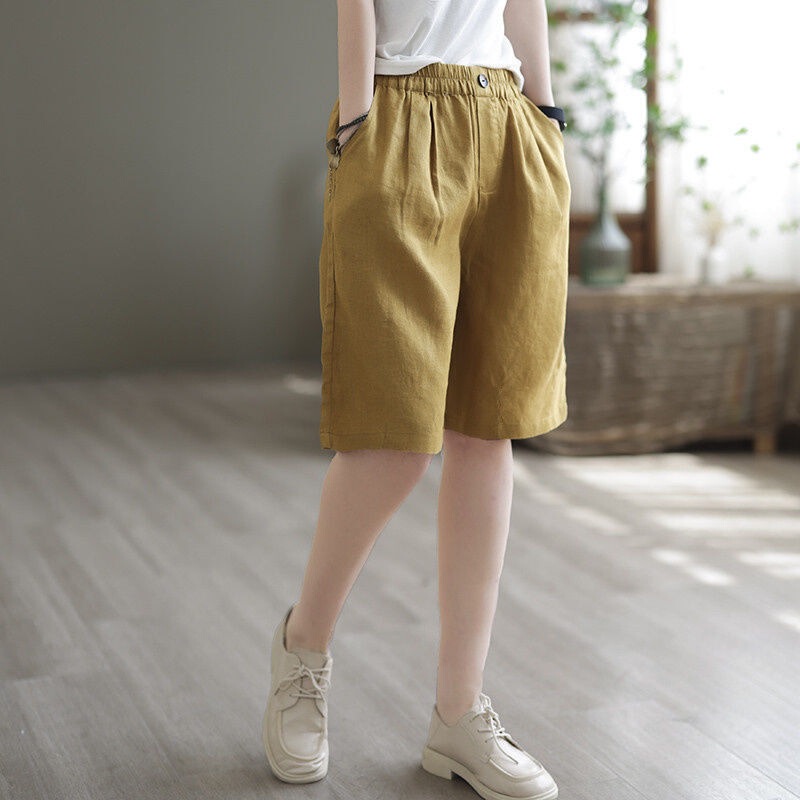 Cotton and Linen Shorts for Women, Summer Wear, Women's Loose High-Waisted Slimming Mid-Length Pants, Breathable and Leg-Lengthening