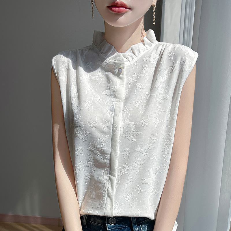 2025 Spring/Summer New French Tencel Ruffled Stand Collar Knit Sleeveless Butterfly Jacquard Vest Top for Women