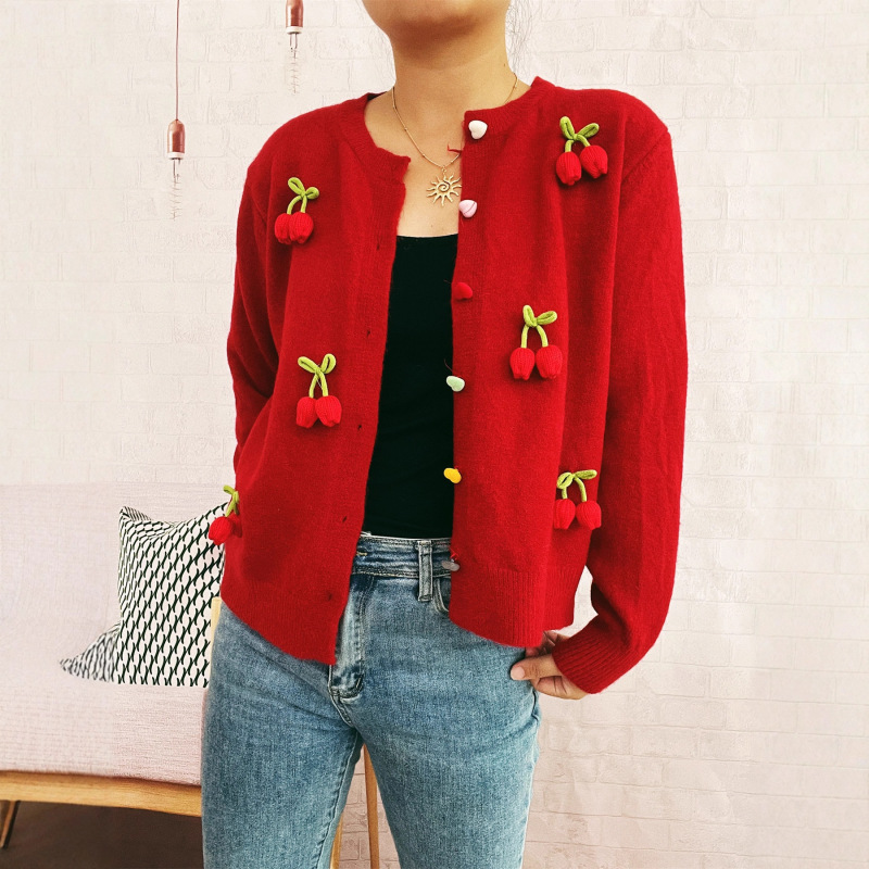 Cross-Border Amazon Autumn and Winter New Three-Dimensional Decorative Flowers Cute Style Knitted Cardigan Casual Valentine's Day Sweater for Women