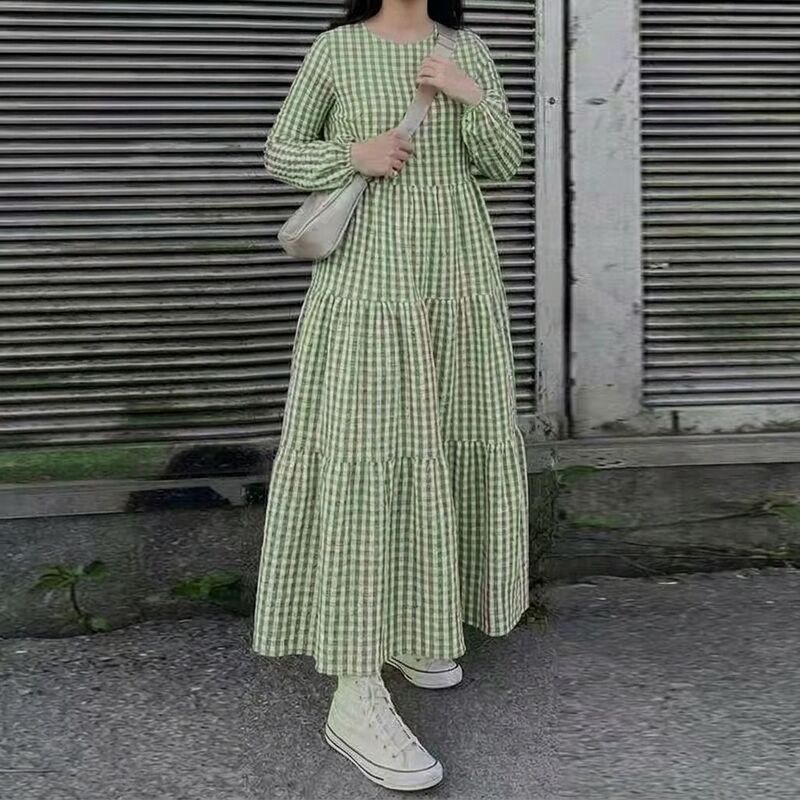 In-Stock New Cross-Border Plaid Long-Sleeve Elastic Cuff Round-Neck Loose-Waist Casual Dress In-Stock New Cross-Border Plaid Long-Sleeve Elastic Cuff Round-Neck Loose-Waist Casual Dress