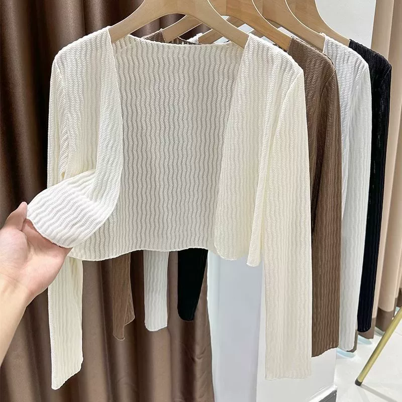 Сетчатый кардиган из ледяного шелка, женская летняя юбка, короткая Солнцезащитная шаль, блузка, тонкий кружевной жилет