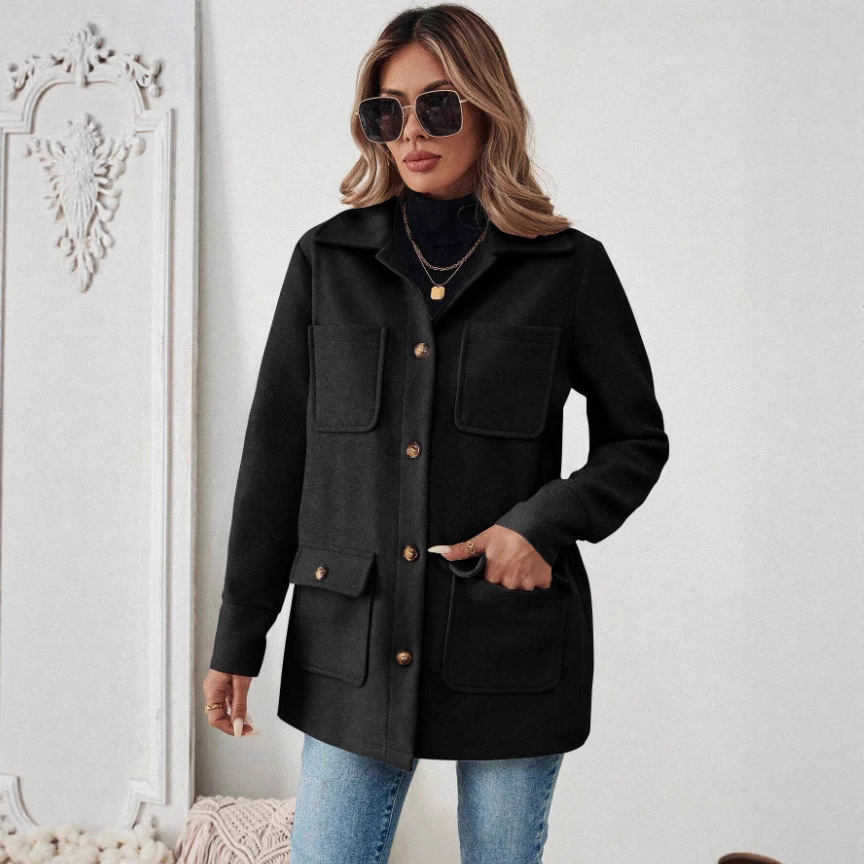 女士纯色长袖休闲毛呢风衣2025跨境外贸亚马逊秋冬新款夹克立领外