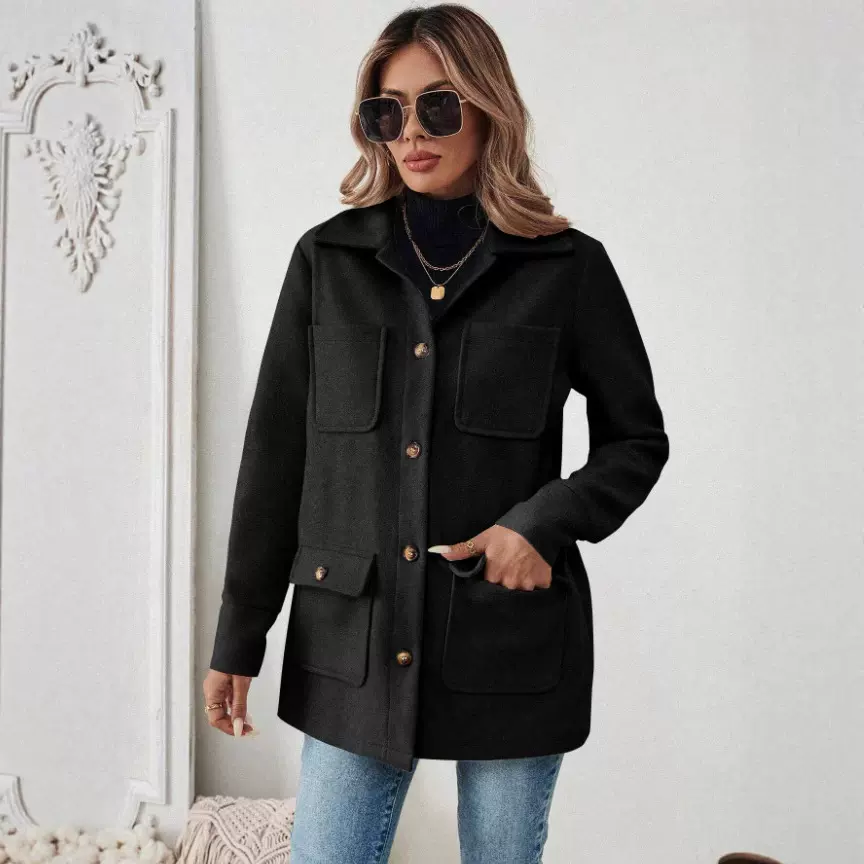 2025亚马逊秋冬跨境新款女装长袖气质纯色翻领纽扣毛呢外套
