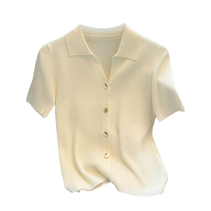 Áo thun dệt kim tay ngắn cổ polo nữ dáng ôm vừa vặn — Màu đen