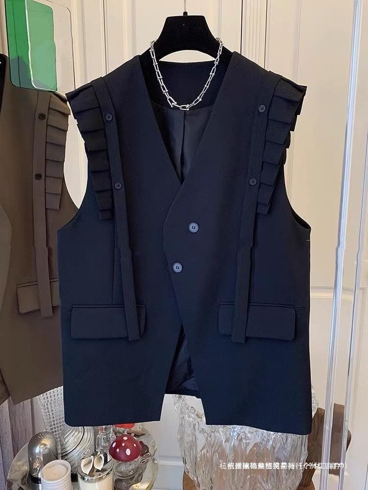 秋季新款气质木耳边拼接西装马甲背心外套女宽松休闲中长款上衣