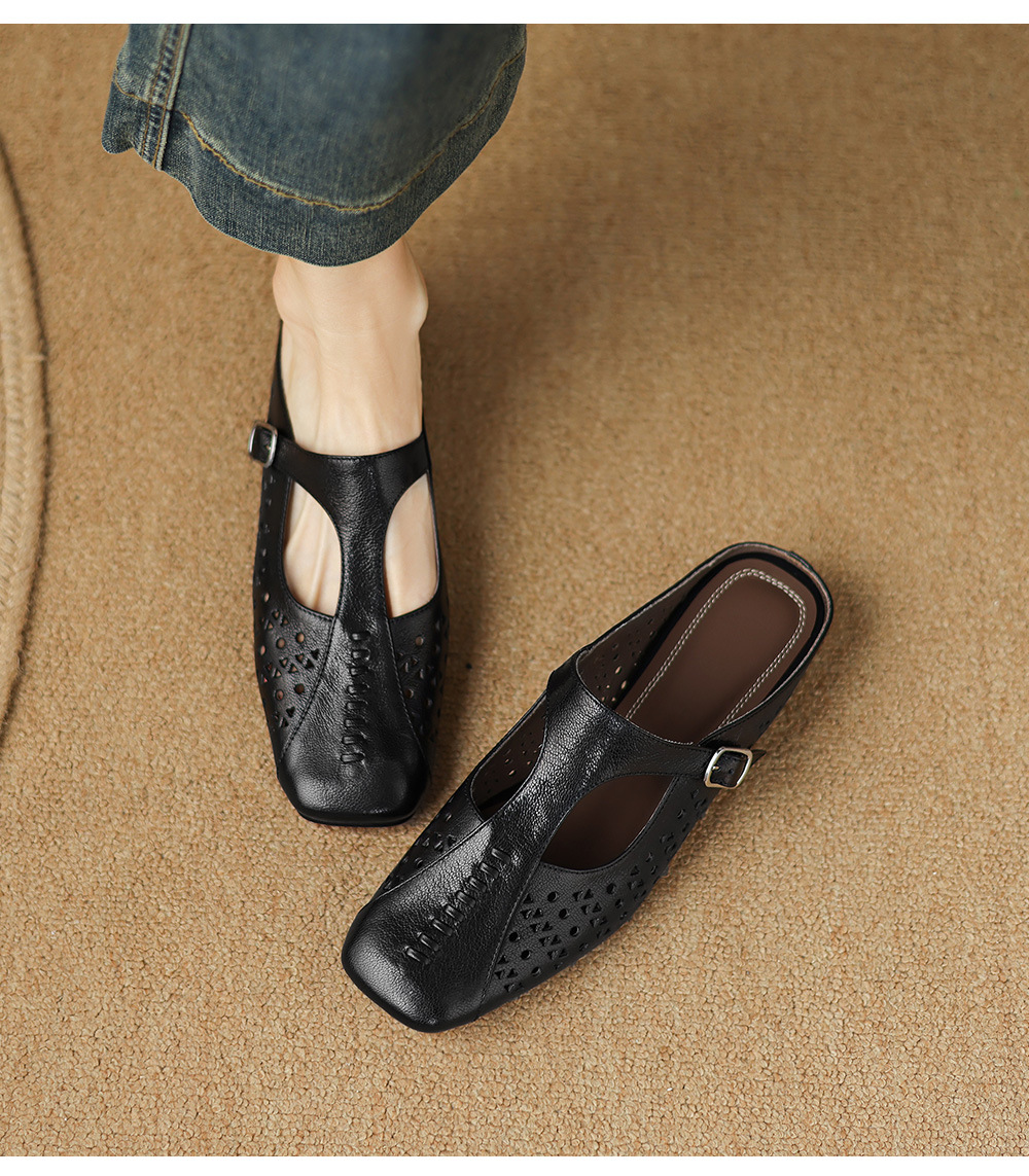 Dép sandal nữ xỏ ngón đế bệt quai chữ T đục lỗ mùa hè — đen chi tiết 10