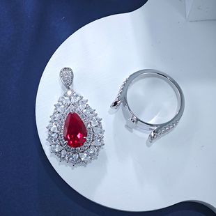 S925 Sterling Silver Water Drop Ruby Ring Women's Fashion Diamond Ring Pendant Dual-use Jewelry