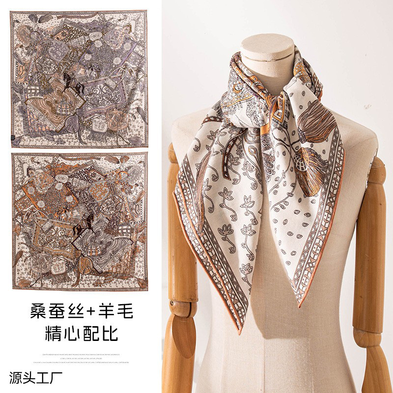 Double-Sided Silk Wool Printed Square Scarf for Women, Versatile for Commuting, Sun Protection, Neck Scarf, Shawl, Dual-Use Wholesale