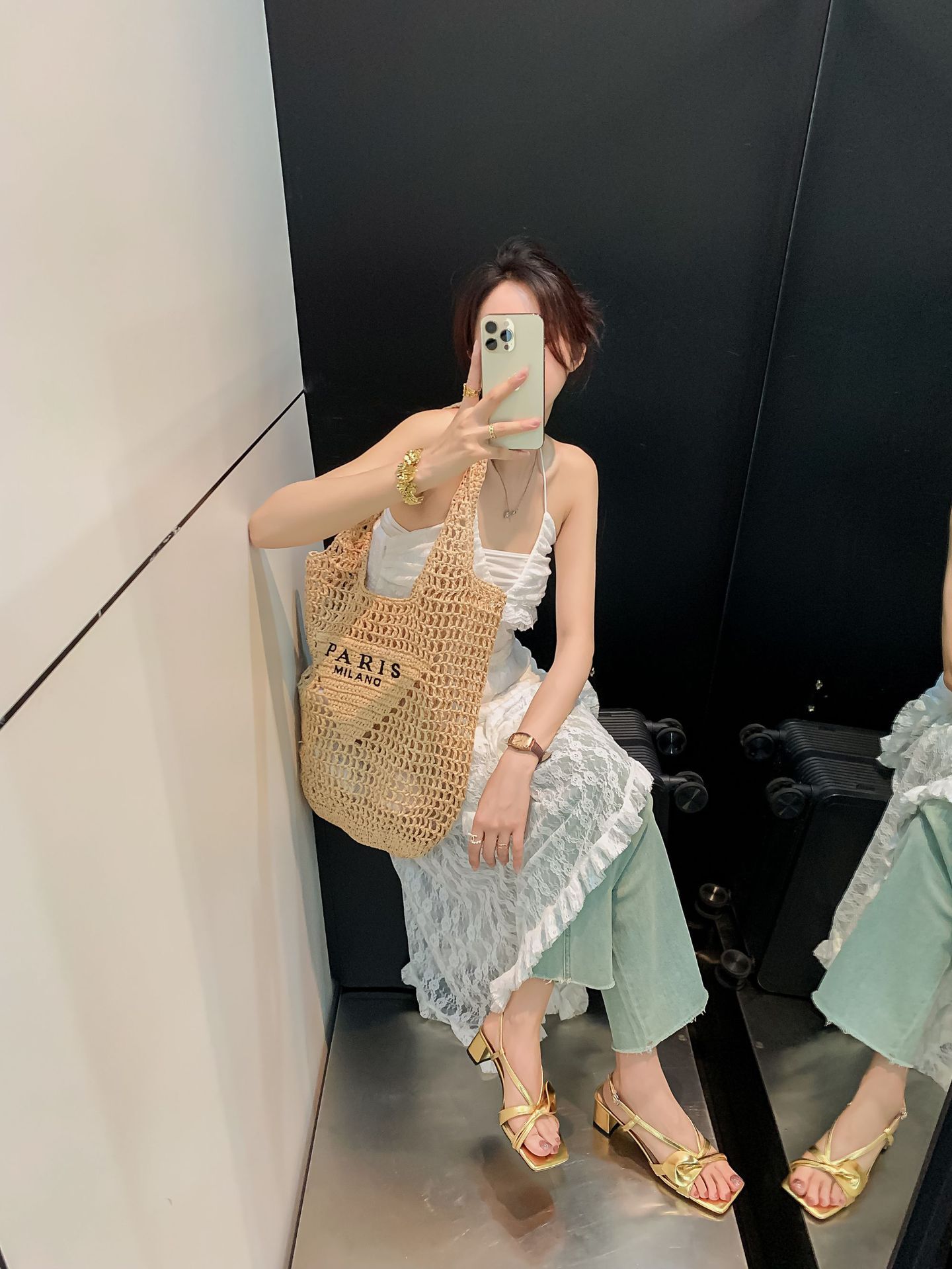 Sandal nữ da bò hoa Calla gót vuông 6 cm quai mảnh khóa đầu vuông da thật ghép màu hở ngón — Màu đen, Màu vàng, Màu trắng be chi tiết 50