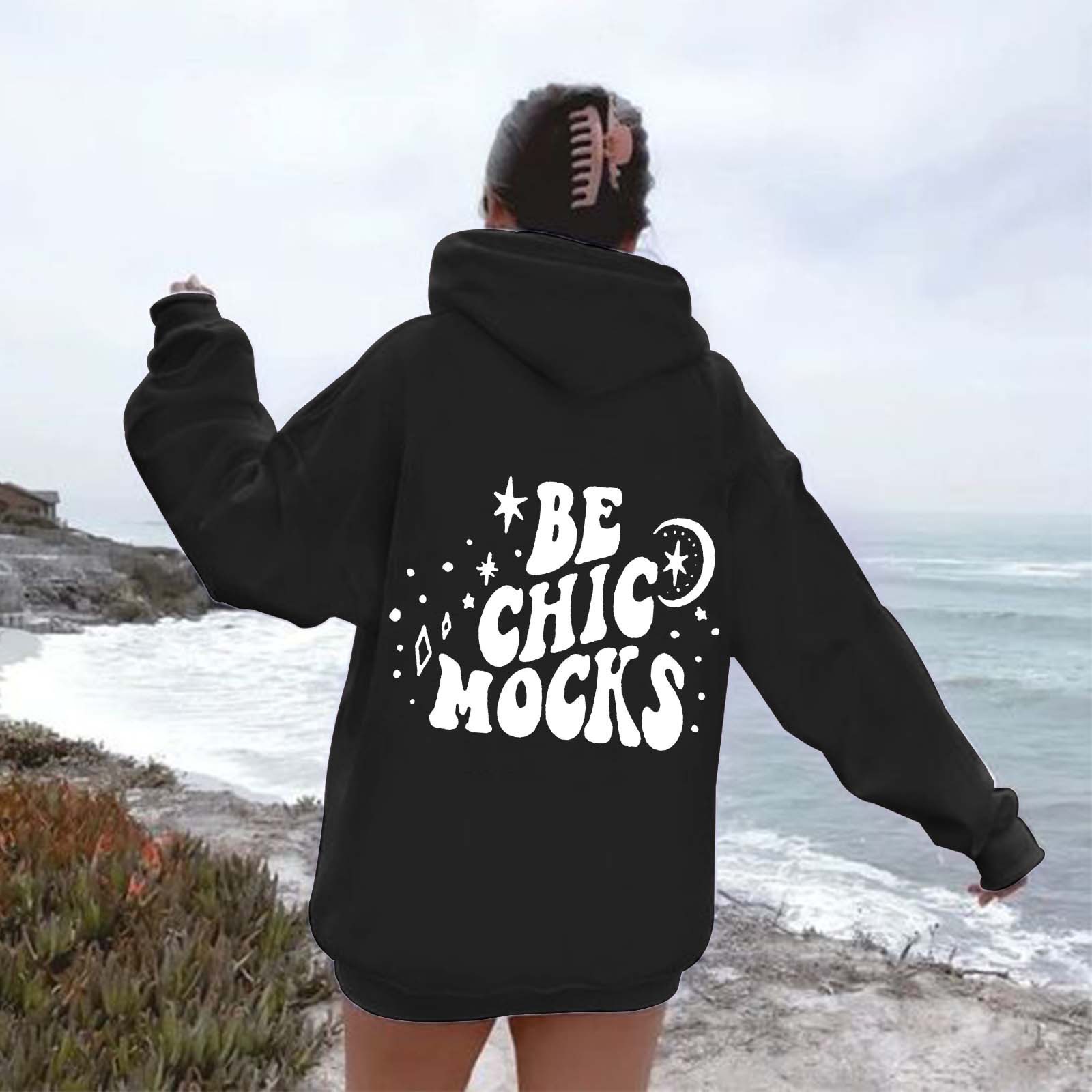 Felpa in pile da donna 2024 con stampa slogan, tasca a marsupio, coulisse e stampa con cappuccio_voghion.com