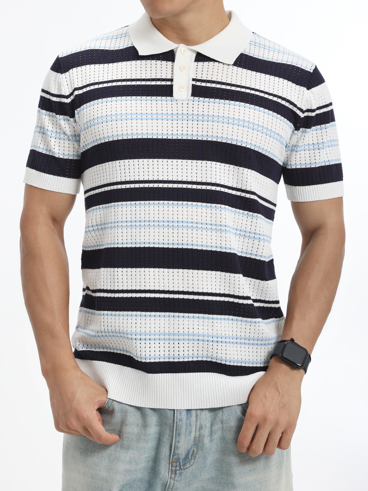 Polo de hielo de punto para hombres, rayas de contraste huecas transpirables, mangas cortas, ligeras, comerciales, casuales, alto nivel, Paul para hombres