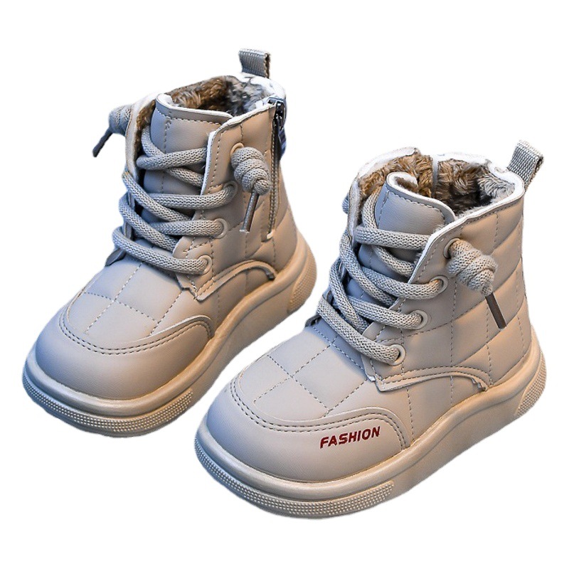 Botas de nieve para niños 2024 Invierno nuevos zapatos de pan cálido forrados de lana para niños zapatos de algodón grandes antideslizantes de fondo suave para niños