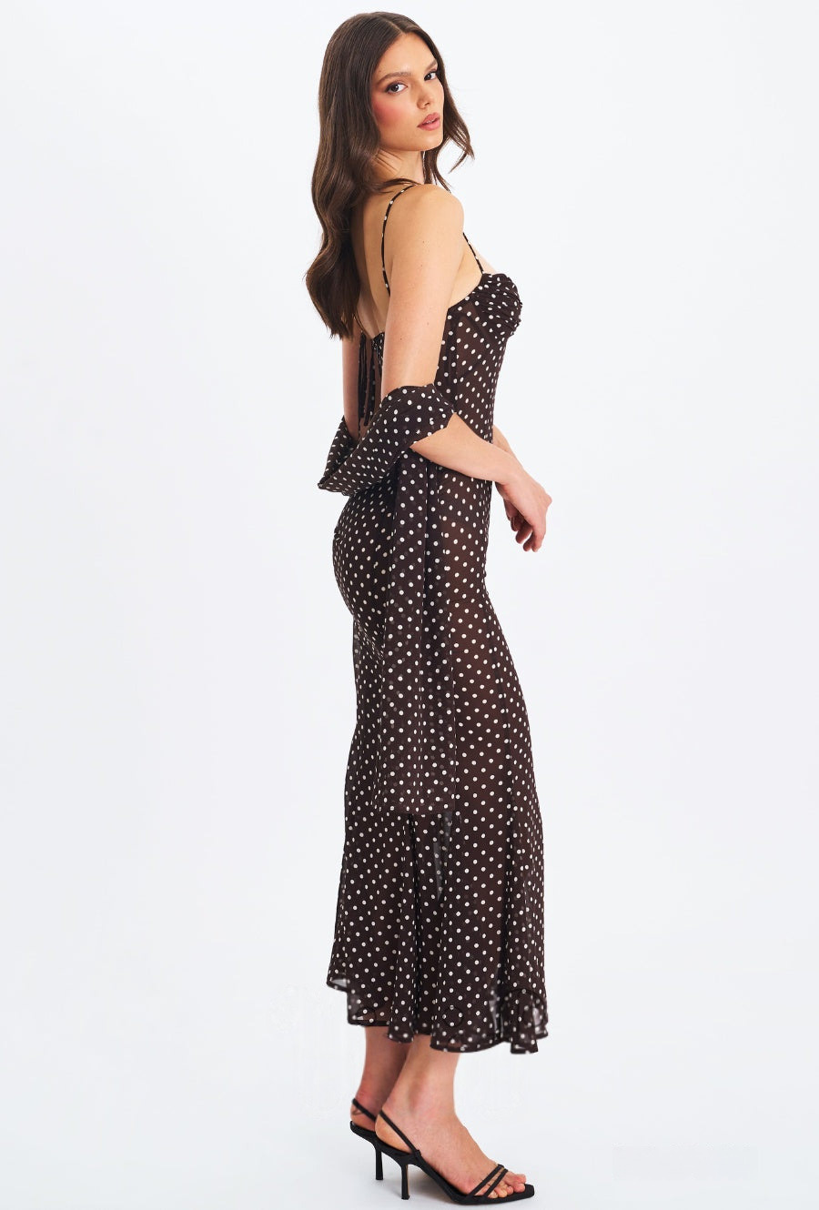 Women Elegant Spaghetti Strap Polka Dot Print Backless Dress Stylish Scarf Decor Slimming Party Vacation Dress_ecoleips.com