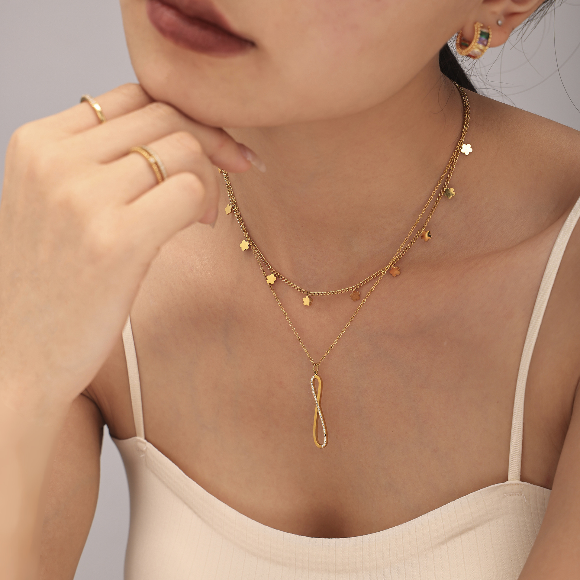 Square Sugar Jewelry Stainless Steel Zircon CNC Diamond Set 8-Character Long Necklace Bracelet Design Versatile Set_voghion.com