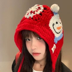 手工编织雪花雪人针织帽女2025新款毛线护耳帽秋冬保暖百搭显脸小