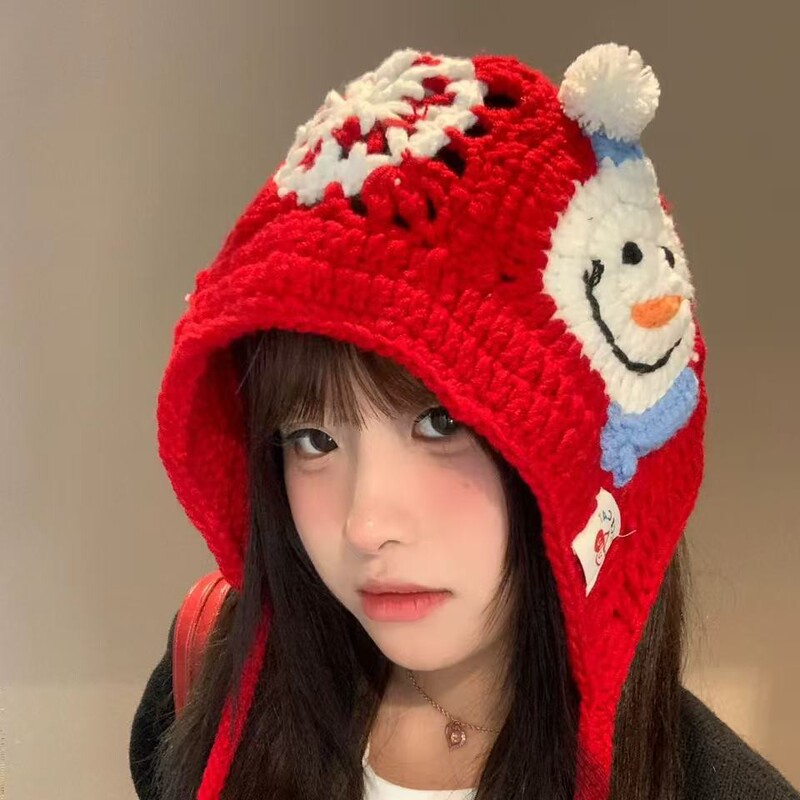 手工编织雪花雪人针织帽女2025新款毛线护耳帽秋冬保暖百搭显脸小|undefined