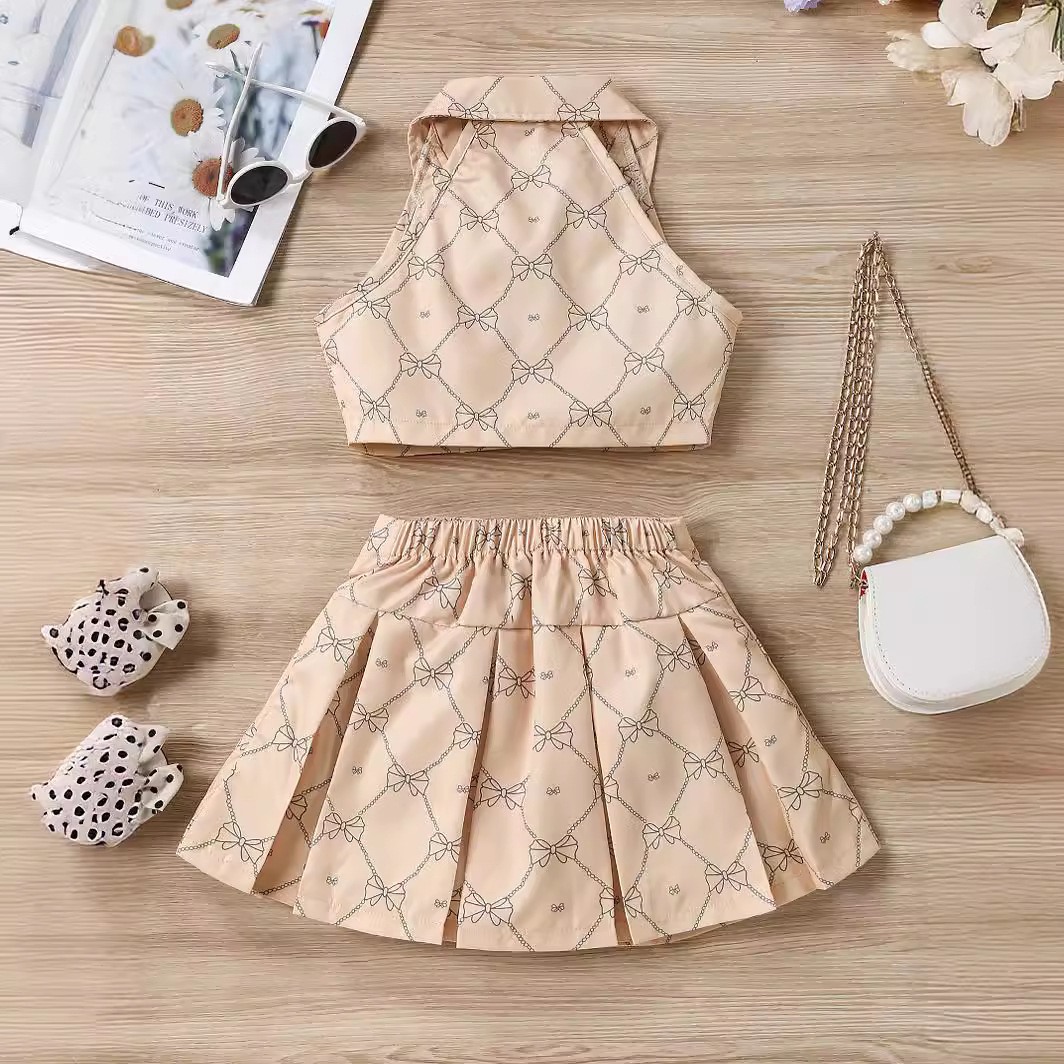 2024 nuevas niñas moda personalizada impreso traje solapa moda sin mangas chaleco Top + Falda plisada