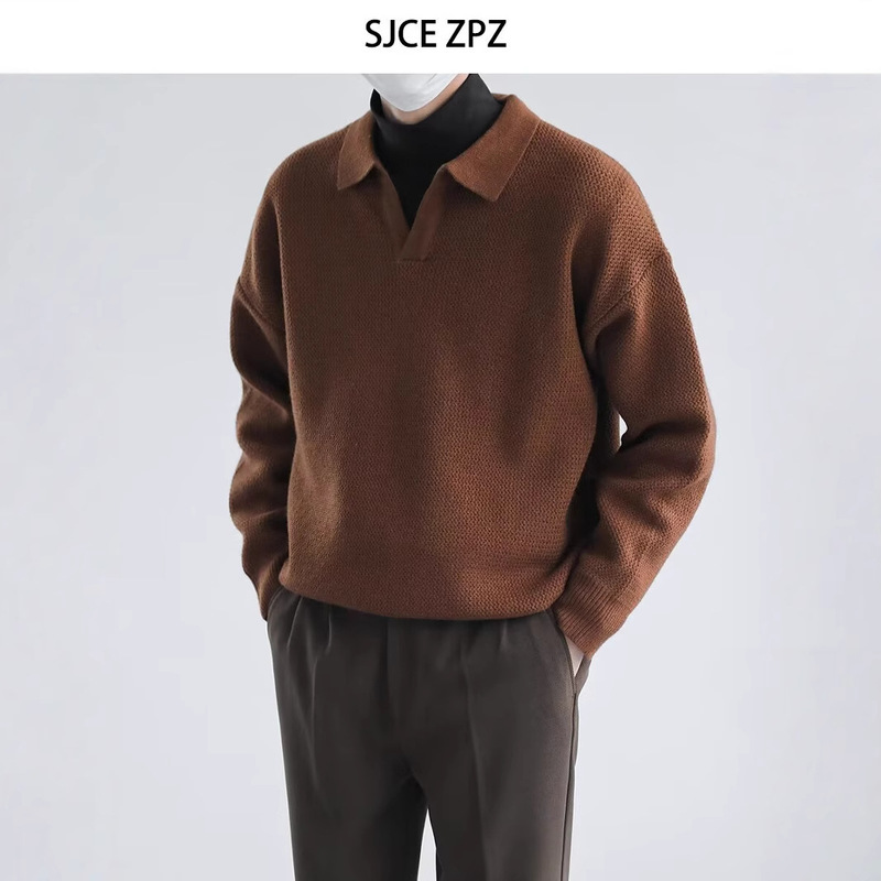 Light Mature Autumn and Winter Top Korean Loose Lapel Sweater Men's Long Sleeve Inner Base Shirt Trendy Pullover Sweater