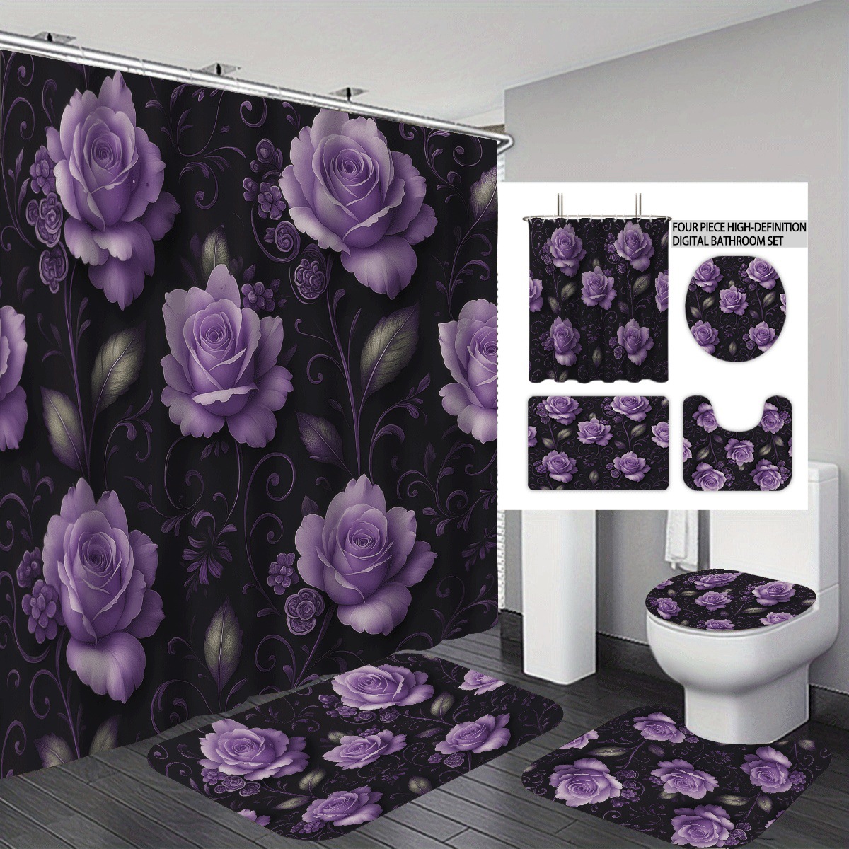 Agente de poliéster Mei Ke más cortina de baño impermeable serie de agua floral 3D impresión digital cortina de baño cuatro piezas alfombra absorbente