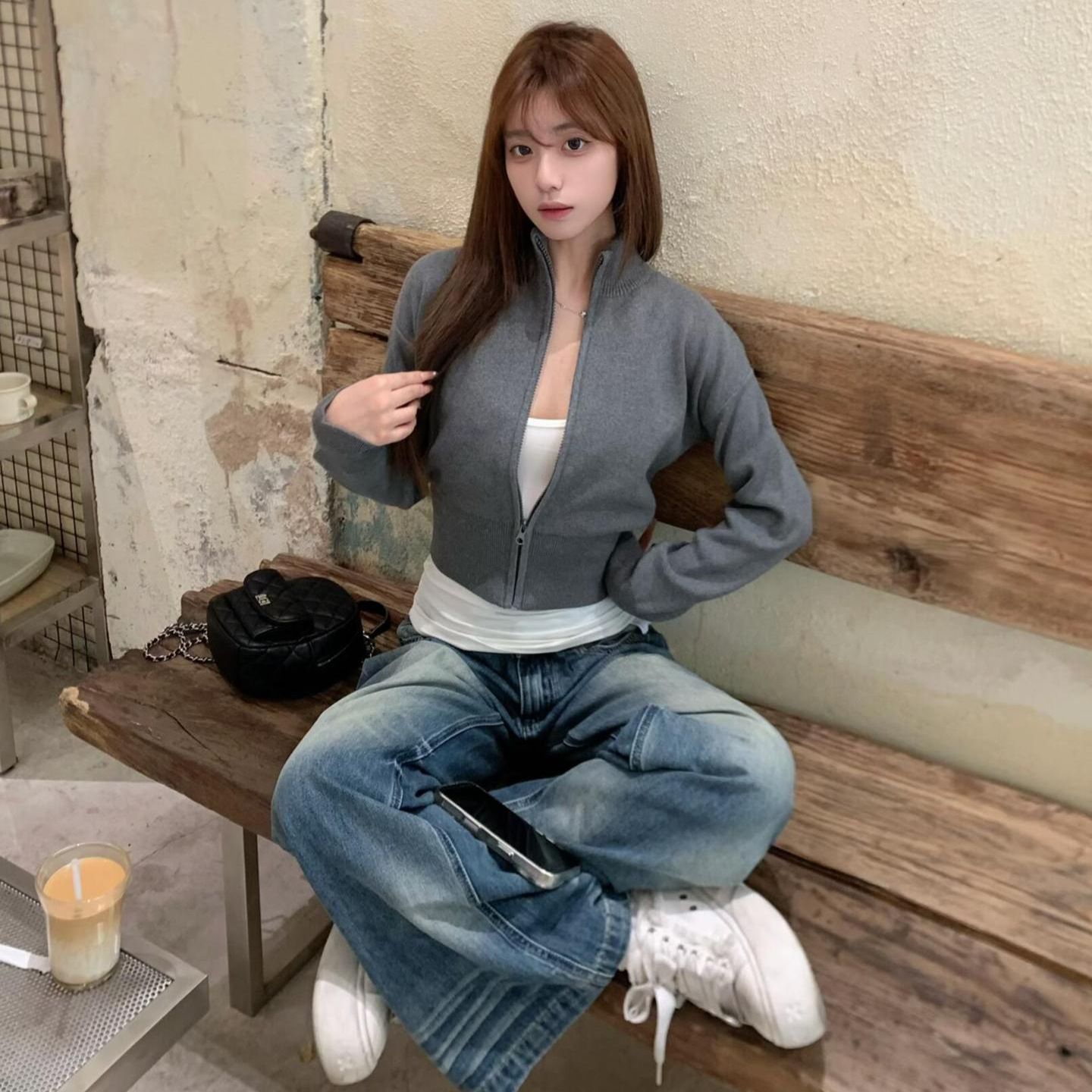 韩式休闲时尚立领长袖开衫秋季设计感收腰拉链短款针织外套潮